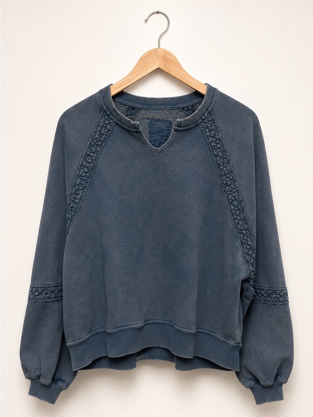 Aerie Hey Crochet Washed Blue Lace-Trim Crewneck Sweatshirt (324)